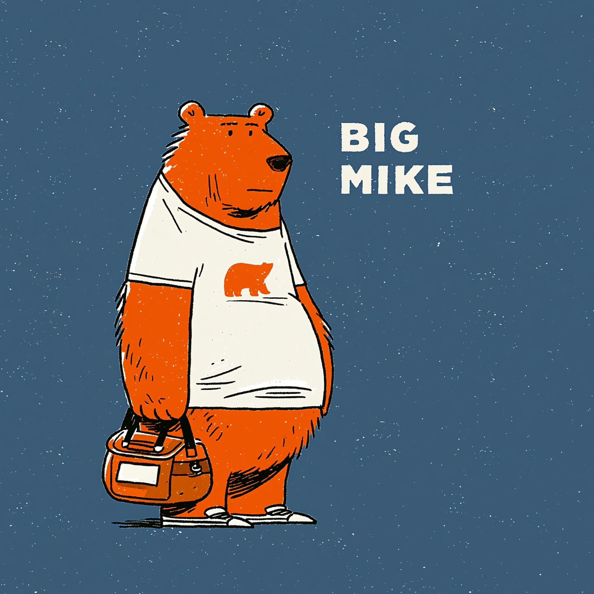 Big Mike, the orange bear, gym bag in hand