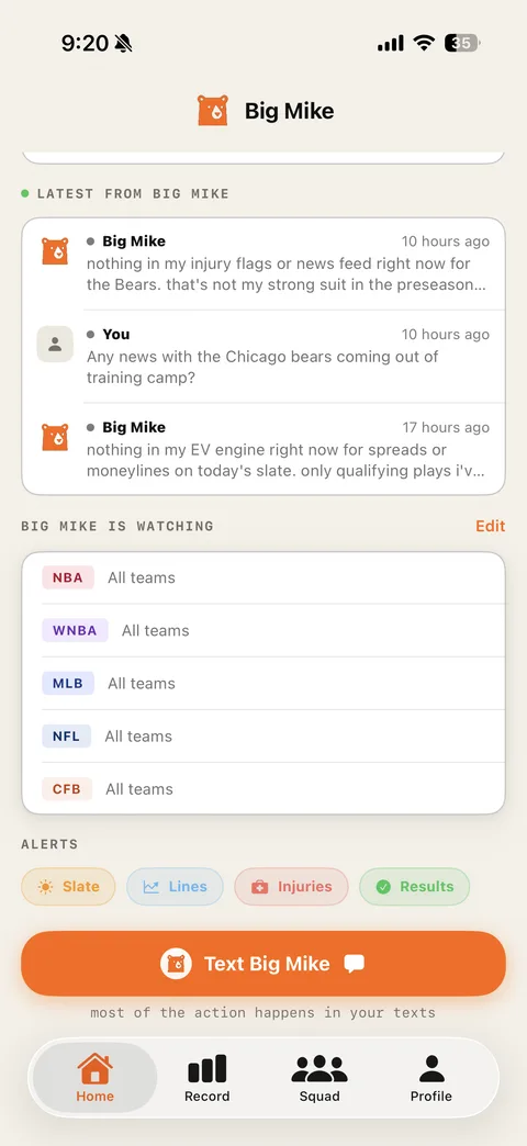 Big Mike app: latest texts, leagues he's watching, and alerts